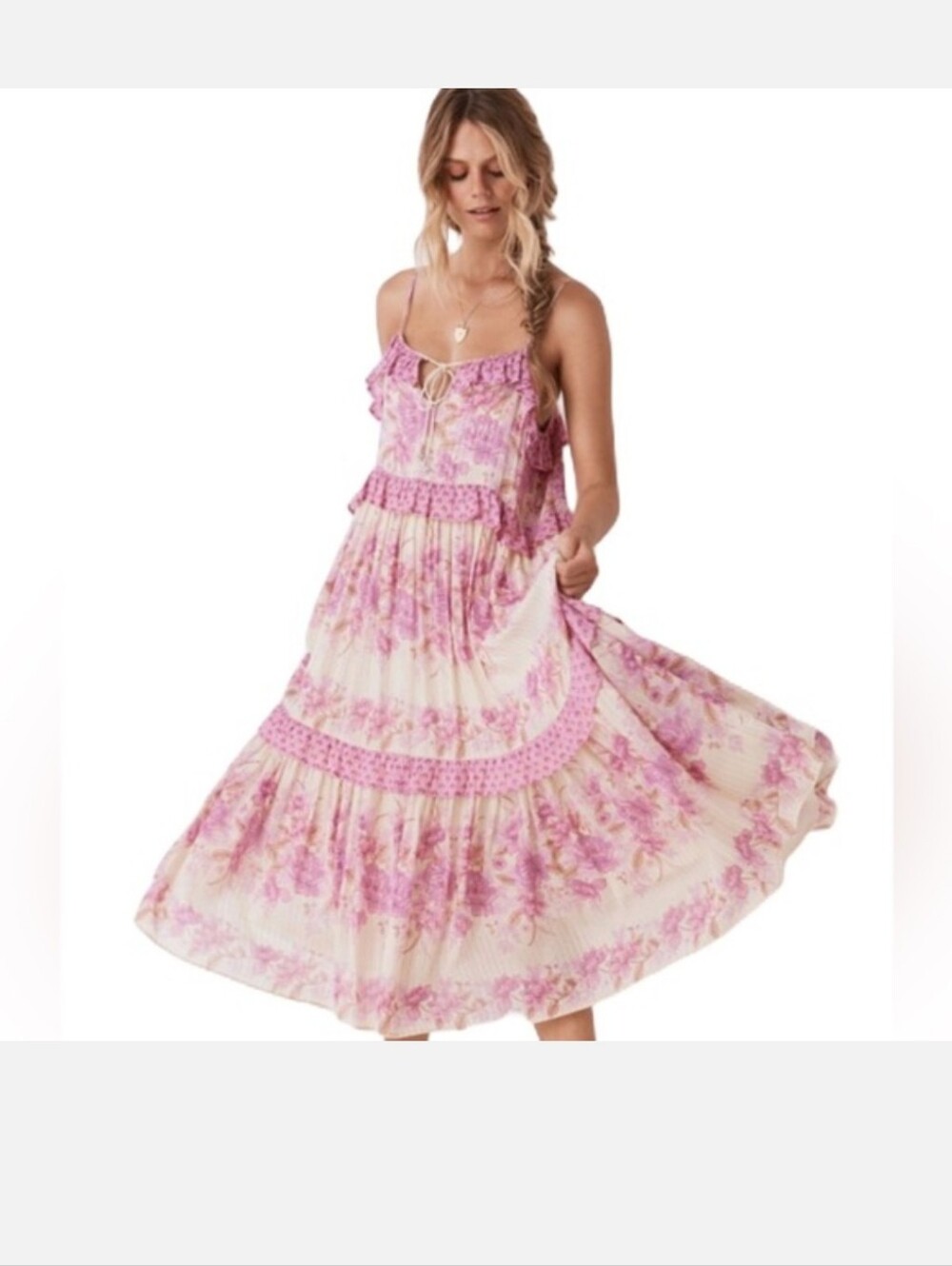 Spell Coco Lei Pink Floral Tiered Midi Dress with Lace Trim Med